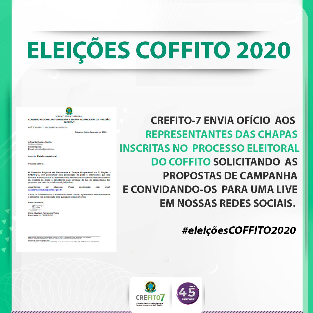 CREFITO-7 envia ofício aos representantes das chapas inscritas no processo eleitoral do COFFITO.