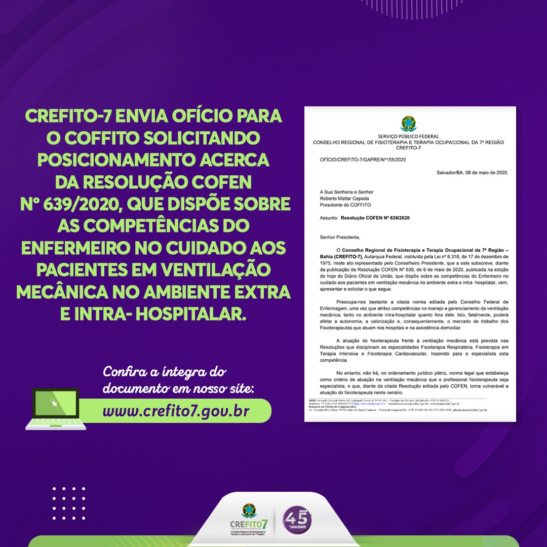 CREFITO-7 solicita posicionamento do COFFITO sobre a Resolução COFEN Nº 639/2020