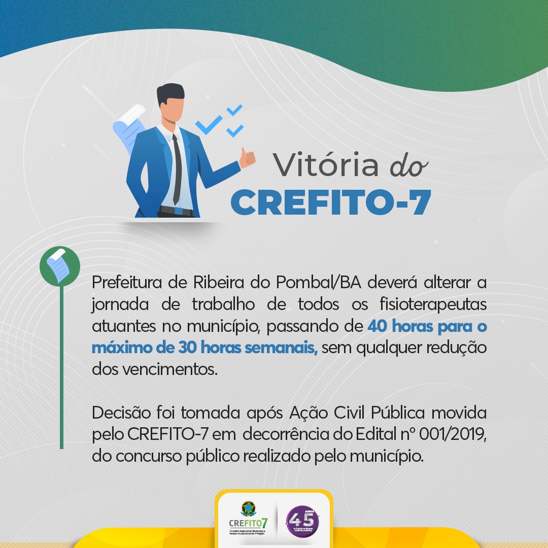 Após Ação Civil Pública movida pelo CREFITO-7, Prefeitura de Ribeira do Pombal deverá alterar carga horária dos fisoterapeutas