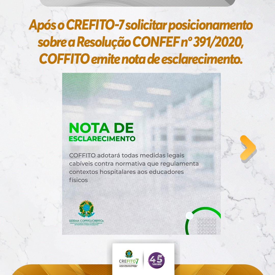 CREFITO-7 solicita posicionamento do COFFITO sobre a Resolução CONFEF nº 391/2020