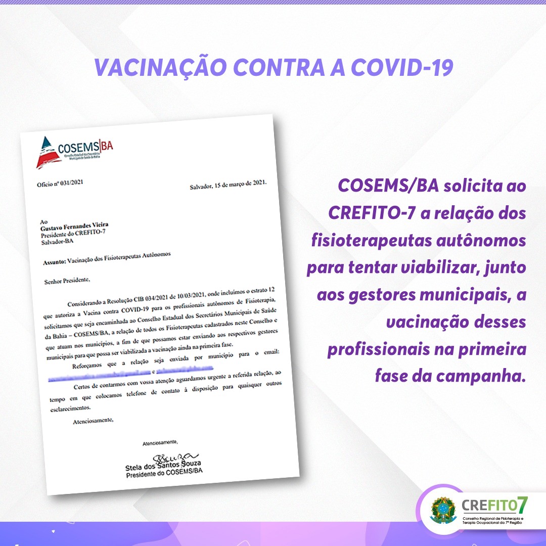 COSEMS/BA solicita ao CREFITO-7 lista dos fisioterapeutas para tentar viabilizar vacinação na primeira fase da campanha