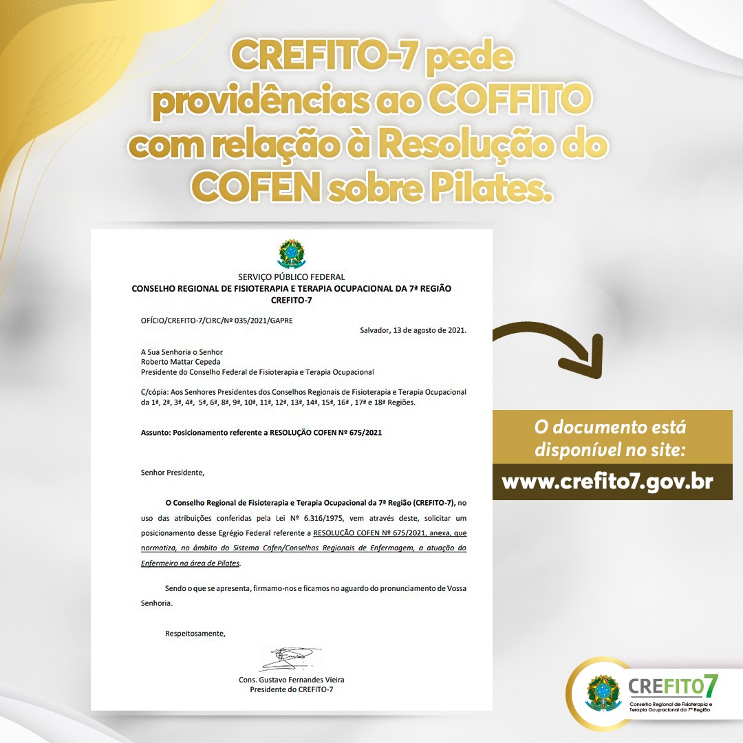 CREFITO-7 pede providências ao COFFITO com relação à Resolução do COFEN sobre Pilates