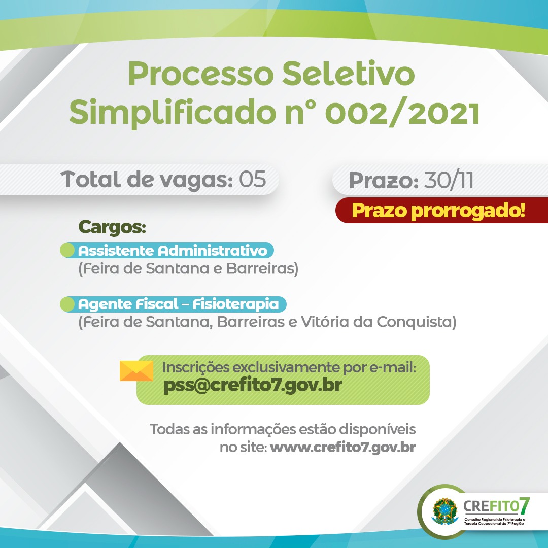 Inscrições prorrogadas do Processo Seletivo Simplificado 002/2021