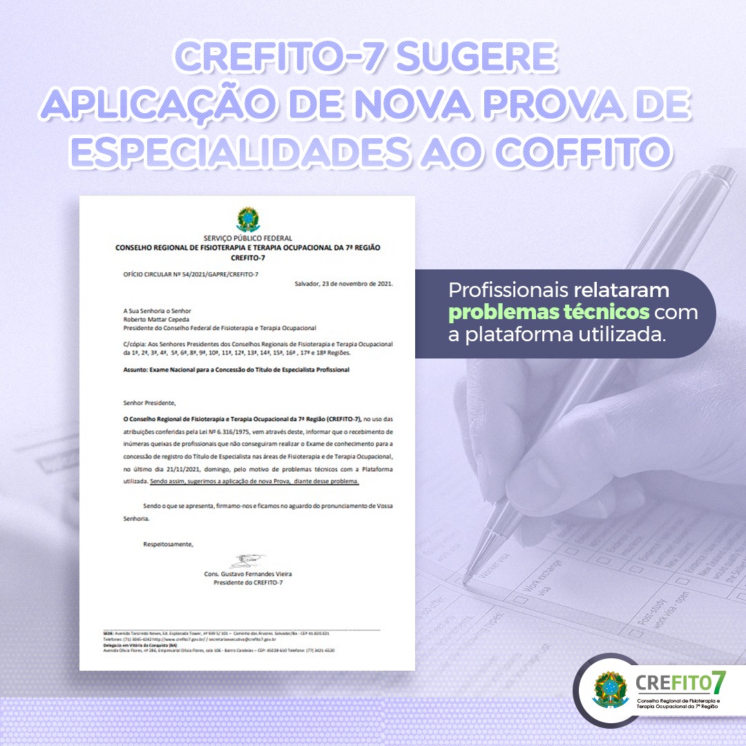 CREFITO-7 sugere aplicação de nova Prova de Especialidades ao COFFITO