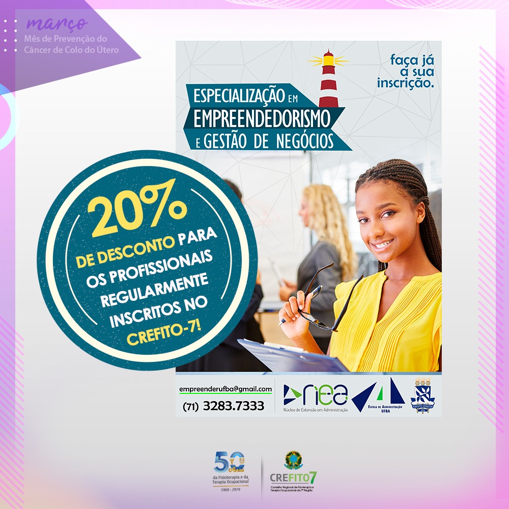 Inscritos no CREFITO-7 terão 20% de desconto no curso “Especialização em Empreendedorismo e Gestão de Negócios”