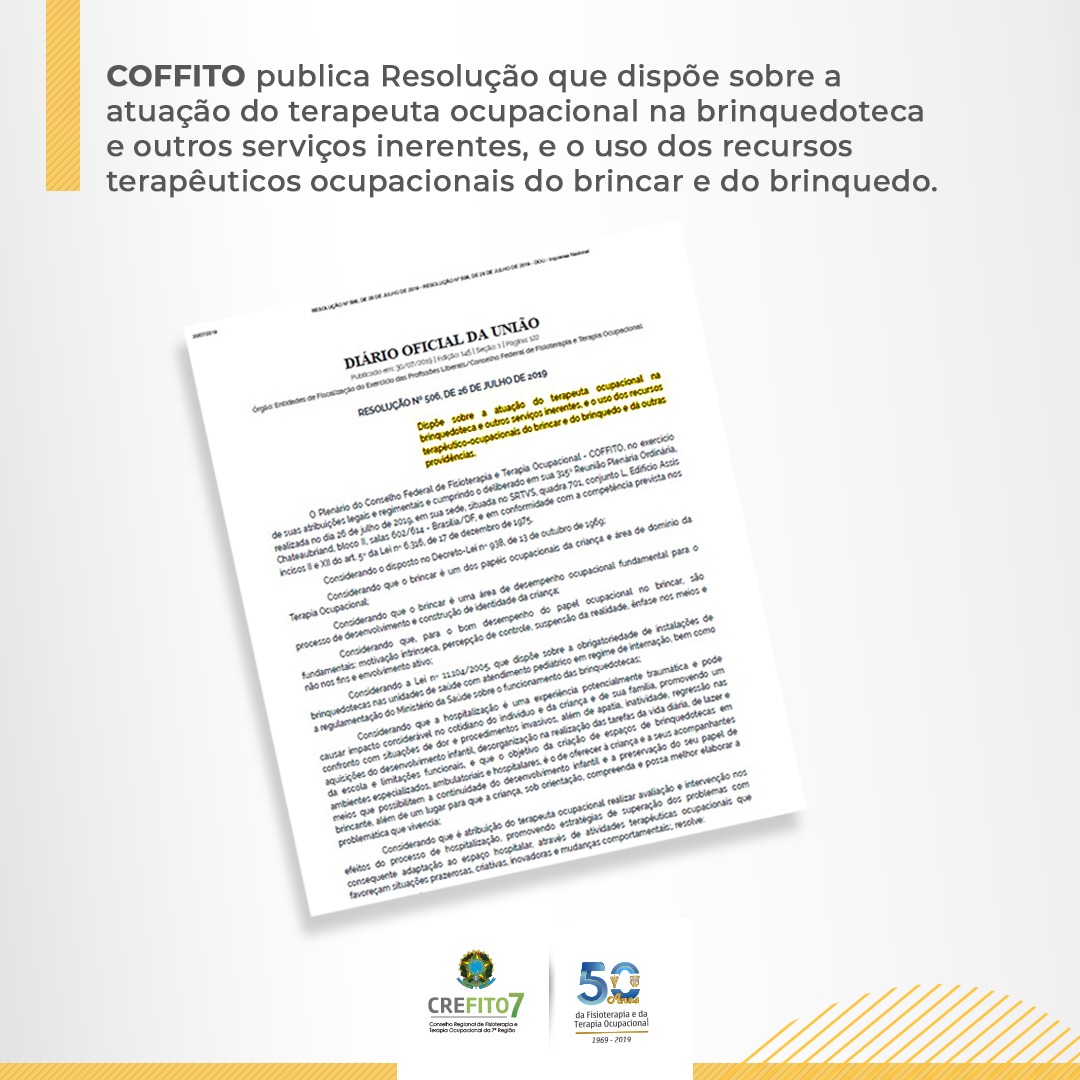 COFFITO publica Resolução que dispõe sobre a atuação do Terapeuta Ocupacional na brinquedoteca