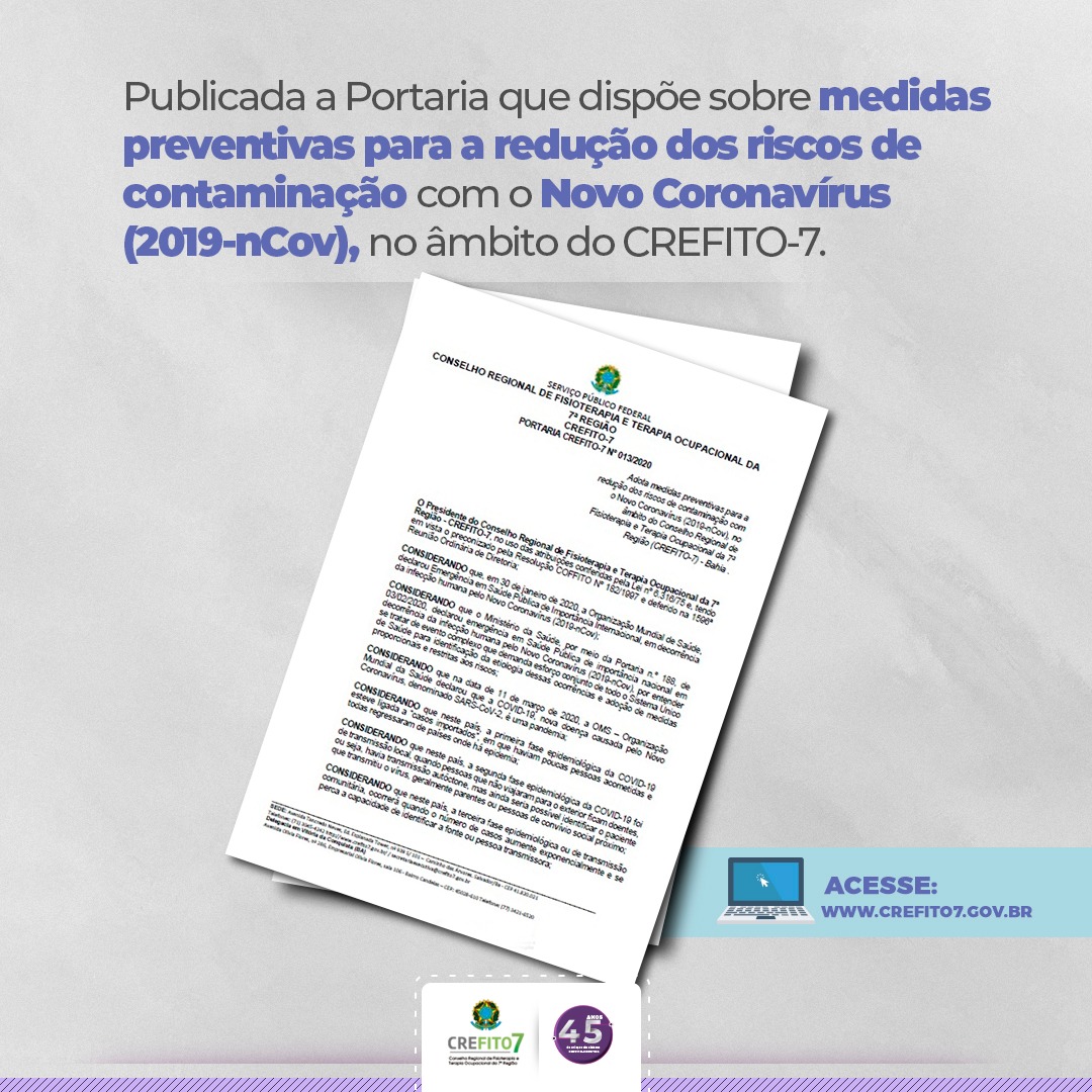 Portaria dispõe sobre medidas preventivas para a redução dos riscos de contaminação com o Novo Coronavírus (2019-nCov) no CREFITO-7