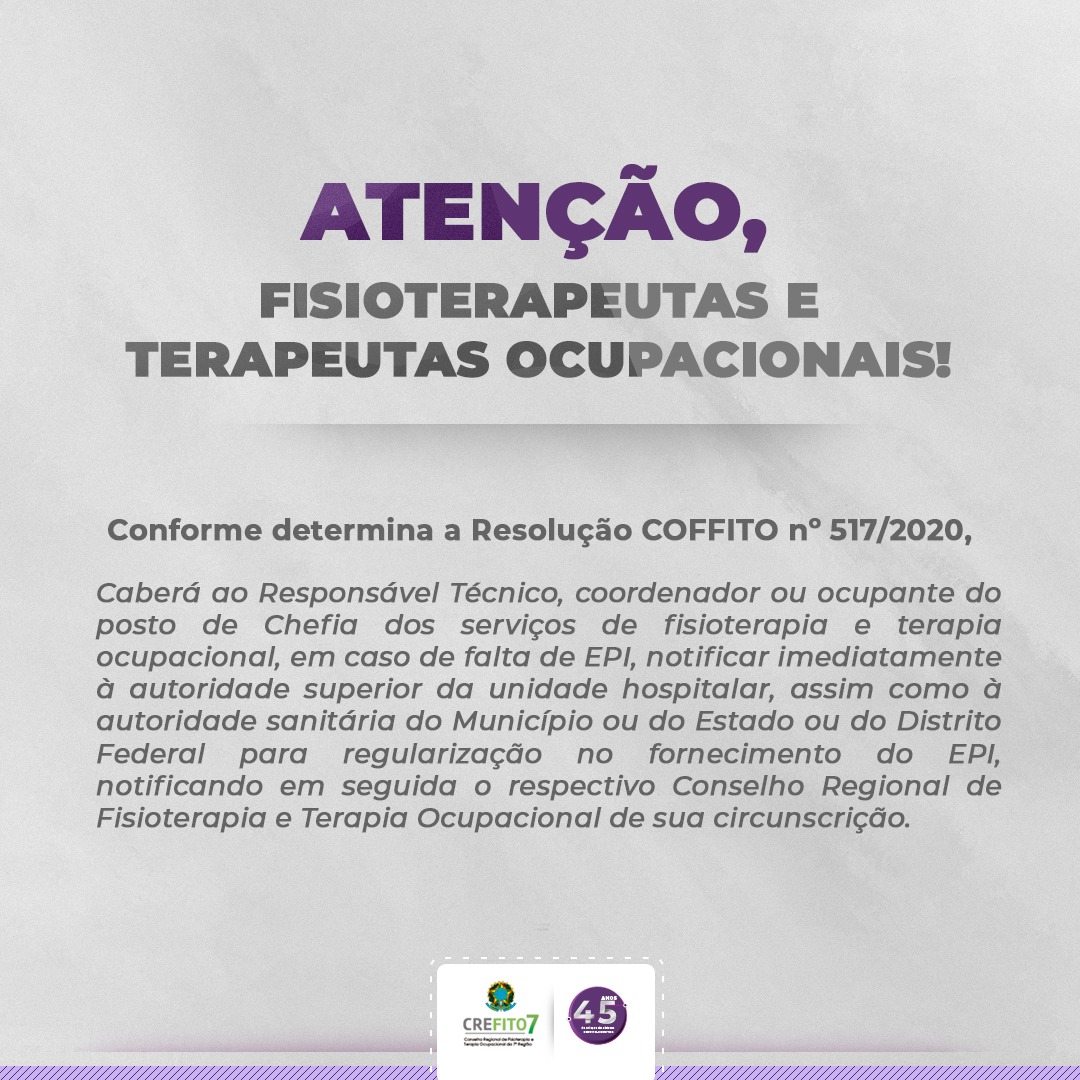COFFITO publica Resolução que dispõe sobre a fiscalização quanto à disponibilização de EPIs