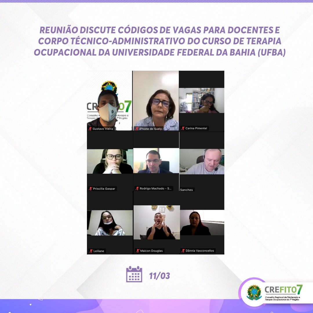 Read more about the article Reunião discute códigos de vaga para docentes e corpo técnico-administrativo do curso de Terapia Ocupacional da UFBA