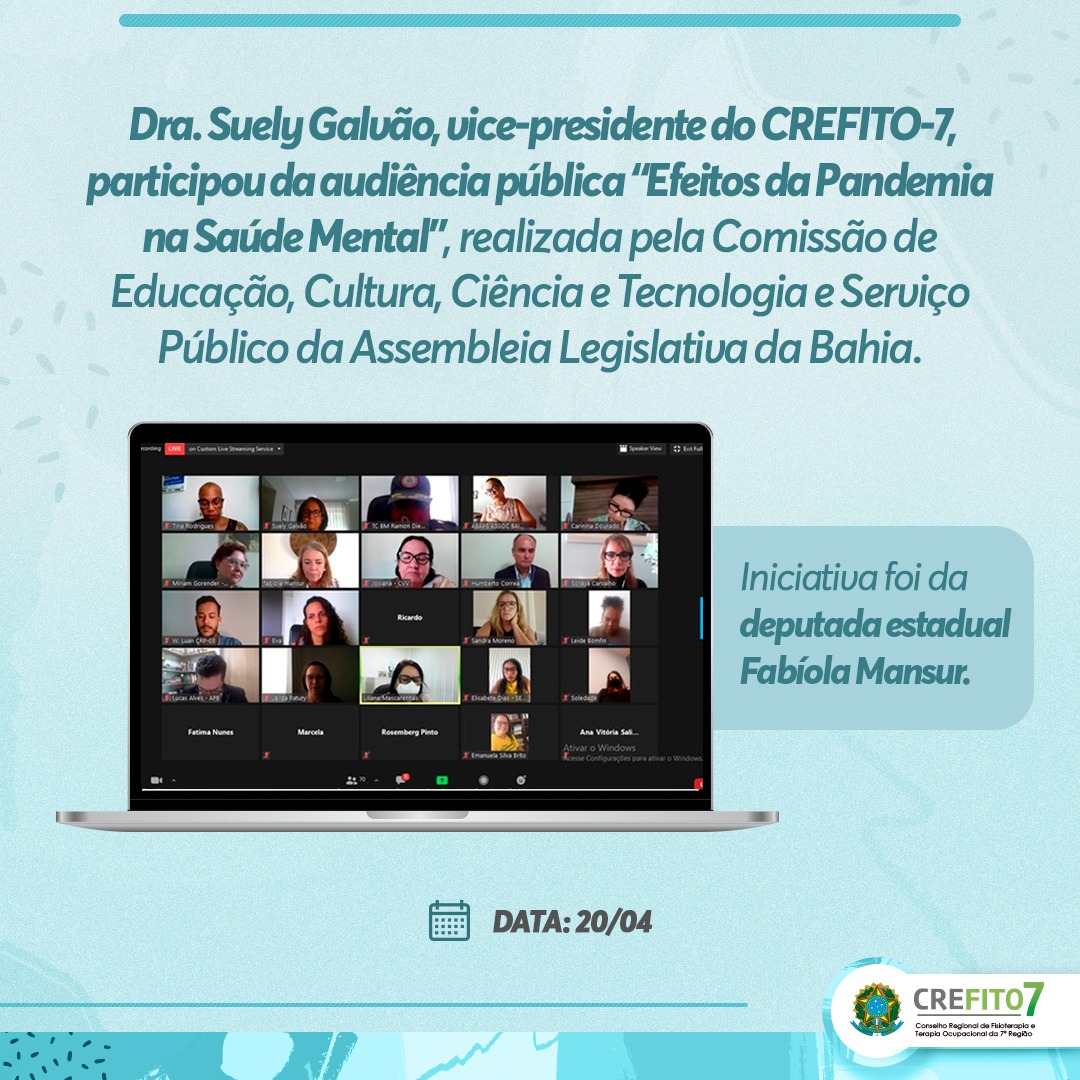 Vice-presidente do CREFITO-7 participa de audiência pública sobre efeitos da pandemia na saúde mental