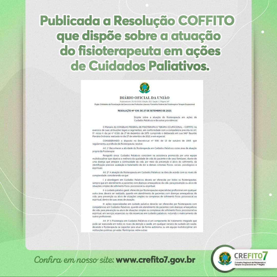 Publicada a Resolução COFFITO que dispõe sobre a atuação do fisioterapeuta em ações de Cuidados Paliativos