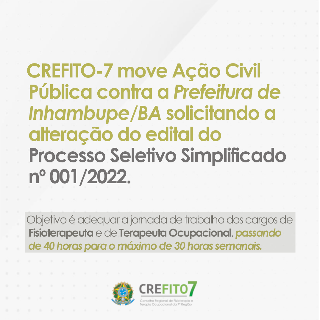 CREFITO-7 move Ação Civil Pública contra a Prefeitura de Inhambupe/BA